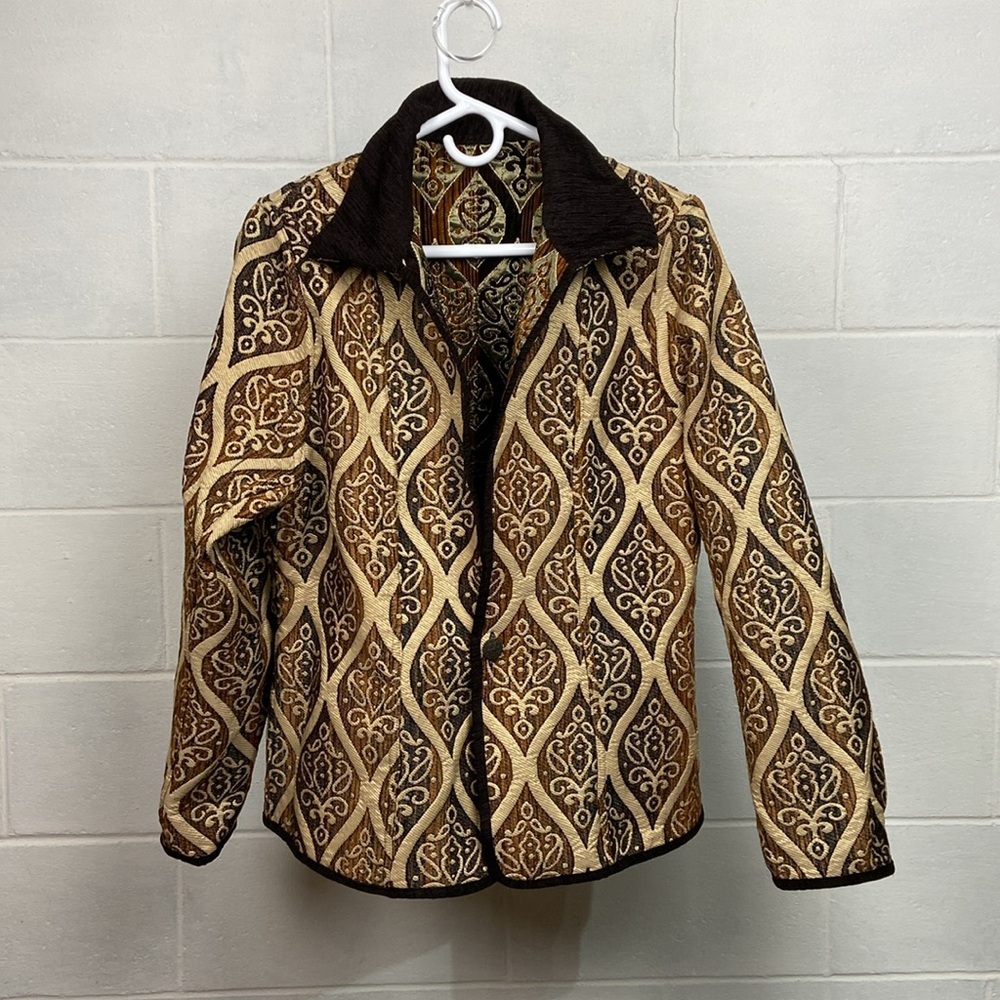 VTG Khangura Reversible‎ Tapestry Jacket Women's Large *UNIQUE ITEM* Brown Gold